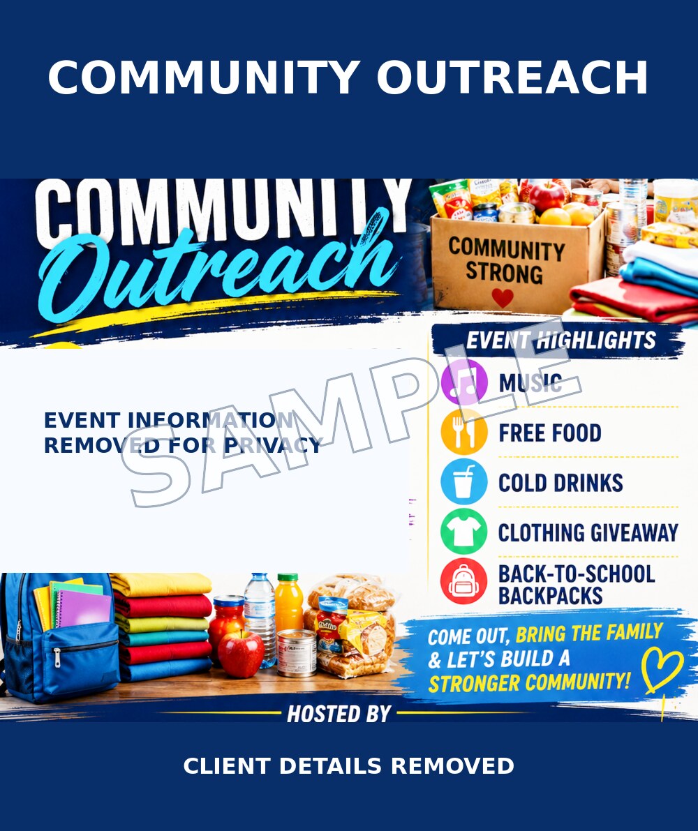 Privacy-safe community outreach flyer thumbnail with a SAMPLE watermark and identifying details removed