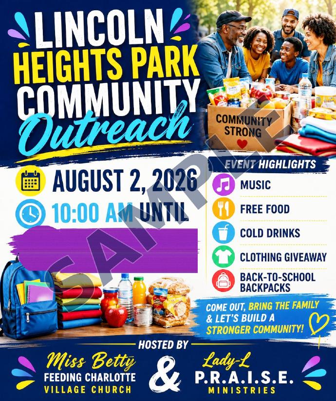 Privacy-safe Lincoln Heights Park Community Outreach flyer with a diagonal SAMPLE watermark