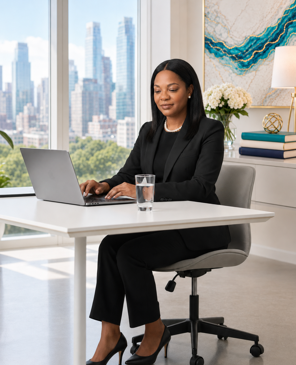 Rachael Clark working at her desk in a professional office